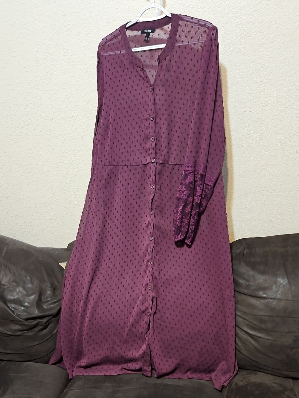 torrid plum Sheer button-front long sleeve maxi dress with lace cuff